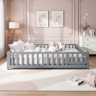 Sunvega Natural Wooden Montessori Floor Bed Frame with Fence and Door for Kids