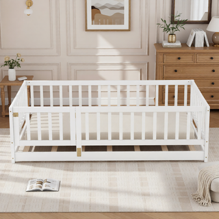 Sunvega Full Size Montessori Floor Bed with Fence Door and Slats for Kids