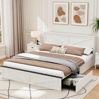 Sunvega Farmhouse Full Size Bed Frame with Storage Headboard, Drawers, Charging Station & LED Lights