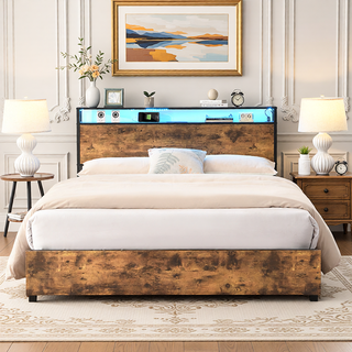 Sunvega Queen Bed Frame with Storage Headboard Charging Station and Smart LED Lights
