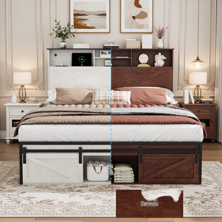 Sunvega Farmhouse Full Size Bed Frame with Storage Headboard, Drawers, Charging Station & LED Lights
