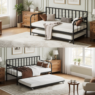 Sunvega Twin Over Full Metal Bunk Bed Frame with Guardrail and 2 Ladders for Kids