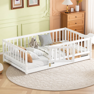 Sunvega Full Size Montessori Floor Bed with Fence Door and Slats for Kids