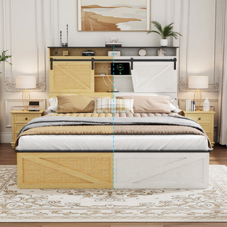 Sunvega Farmhouse Full Size Bed Frame with Storage Headboard, Drawers, Charging Station & LED Lights