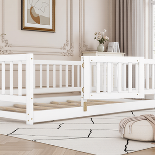 Sunvega Full Size Montessori Floor Bed with Fence Door and Slats for Kids