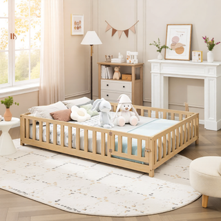 Sunvega Natural Wooden Montessori Floor Bed Frame with Fence and Door for Kids