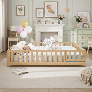 Sunvega Natural Wooden Montessori Floor Bed Frame with Fence and Door for Kids