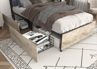 Sunvega Queen Bed Frame with Storage Headboard Charging Station and Smart LED Lights