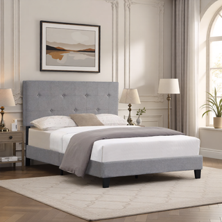 Sunvega Modern Upholstered King Size Platform Bed Frame with Button Tufted Headboard