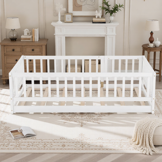 Sunvega Full Size Montessori Floor Bed with Fence Door and Slats for Kids