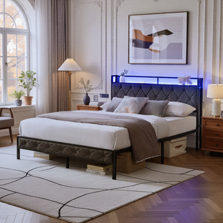 Sunvega Upholstered Queen Bed Frame with LED Headboard Storage Shelf and Charging Station