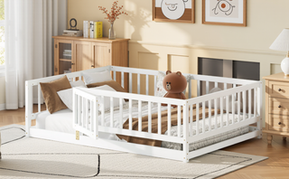 Sunvega Full Size Montessori Floor Bed with Fence Door and Slats for Kids
