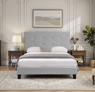 Sunvega Modern Upholstered King Size Platform Bed Frame with Button Tufted Headboard