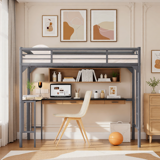 Sunvega Twin Size Metal Loft Bed with Desk Ladder and Guardrails