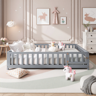 Sunvega Natural Wooden Montessori Floor Bed Frame with Fence and Door for Kids