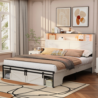 Sunvega Farmhouse Full Size Bed Frame with Storage Headboard, Drawers, Charging Station & LED Lights