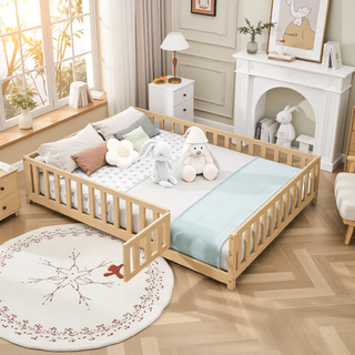 Sunvega Natural Wooden Montessori Floor Bed Frame with Fence and Door for Kids