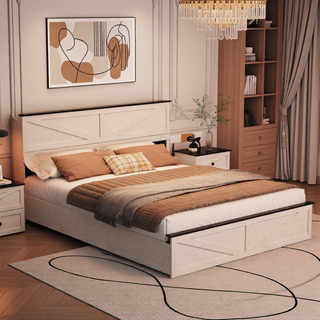 Sunvega Farmhouse Full Size Bed Frame with Storage Headboard, Drawers, Charging Station & LED Lights
