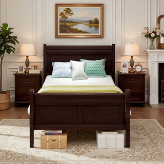 Sunvega Full Size Wood Platform Bed with Headboard and Classic Solid Wood Slat Support