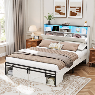 Sunvega Farmhouse Full Size Bed Frame with Storage Headboard, Drawers, Charging Station & LED Lights