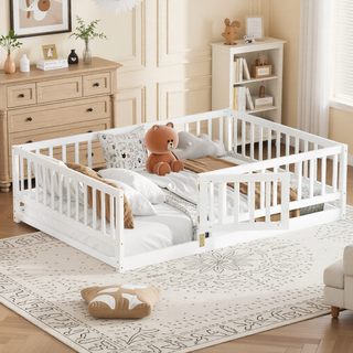 Sunvega Full Size Montessori Floor Bed with Fence Door and Slats for Kids
