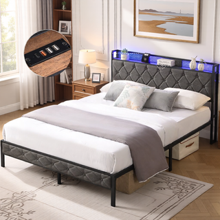 Sunvega Upholstered Queen Bed Frame with LED Headboard Storage Shelf and Charging Station