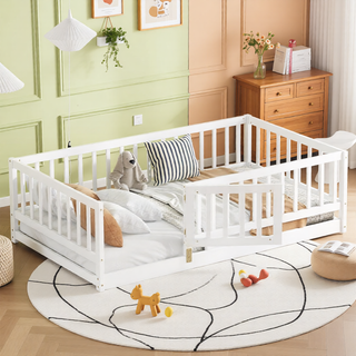 Sunvega Full Size Montessori Floor Bed with Fence Door and Slats for Kids