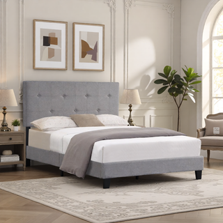 Sunvega Modern Upholstered King Size Platform Bed Frame with Button Tufted Headboard