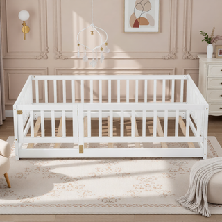 Sunvega Full Size Montessori Floor Bed with Fence Door and Slats for Kids