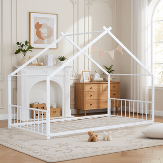 Sunvega Pink Full Size Metal House Bed with Playhouse Roof Design for Kids