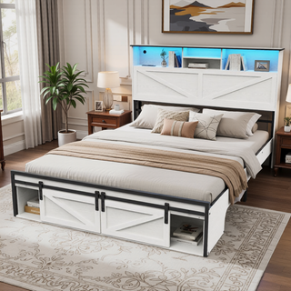 Sunvega Farmhouse Full Size Bed Frame with Storage Headboard, Drawers, Charging Station & LED Lights