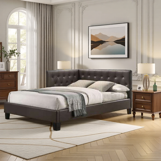 Sunvega Brown Faux Leather Upholstered Full Bed with USB Ports and Censor Lights