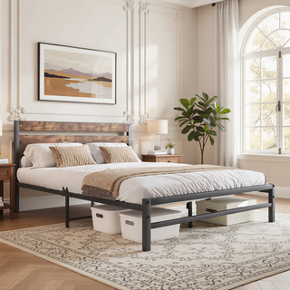 Sunvega Queen Size Platform Bed Frame with Wooden Headboard and Under Bed Storage