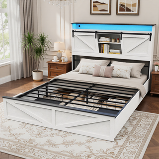 Sunvega Farmhouse Full Size Bed Frame with Storage Headboard, Drawers, Charging Station & LED Lights
