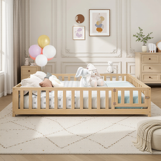 Sunvega Natural Wooden Montessori Floor Bed Frame with Fence and Door for Kids
