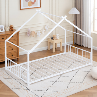 Sunvega Pink Full Size Metal House Bed with Playhouse Roof Design for Kids