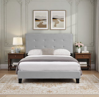 Sunvega Modern Upholstered King Size Platform Bed Frame with Button Tufted Headboard