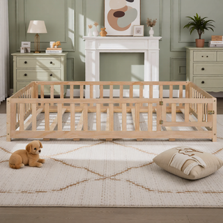 Sunvega Natural Wooden Montessori Floor Bed Frame with Fence and Door for Kids