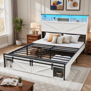 Sunvega Farmhouse Full Size Bed Frame with Storage Headboard, Drawers, Charging Station & LED Lights