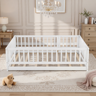 Sunvega Full Size Montessori Floor Bed with Fence Door and Slats for Kids