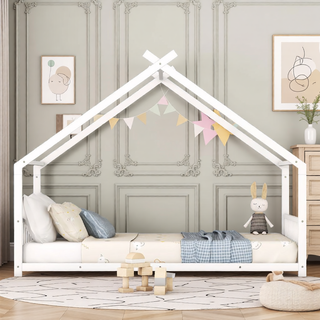 Sunvega Pink Full Size Metal House Bed with Playhouse Roof Design for Kids