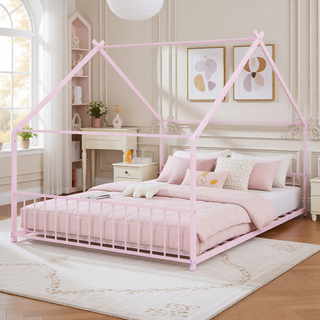 Sunvega Pink Full Size Metal House Bed with Playhouse Roof Design for Kids