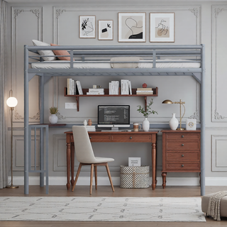 Sunvega Twin Size Metal Loft Bed with Desk Ladder and Guardrails
