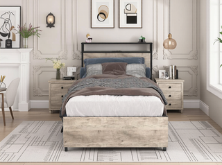 Sunvega Queen Bed Frame with Storage Headboard Charging Station and Smart LED Lights