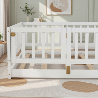 Sunvega Full Size Montessori Floor Bed with Fence Door and Slats for Kids