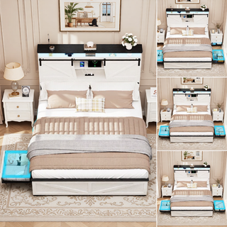 Sunvega Farmhouse Full Size Bed Frame with Storage Headboard, Drawers, Charging Station & LED Lights