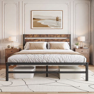 Sunvega Queen Size Platform Bed Frame with Wooden Headboard and Under Bed Storage
