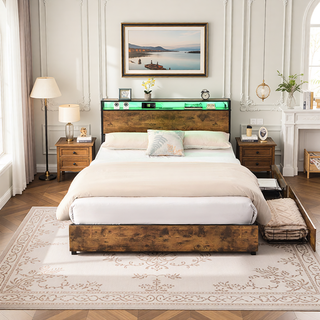 Sunvega Queen Bed Frame with Storage Headboard Charging Station and Smart LED Lights