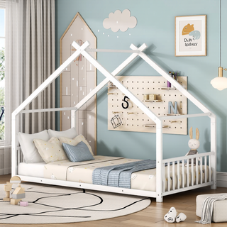 Sunvega Pink Full Size Metal House Bed with Playhouse Roof Design for Kids