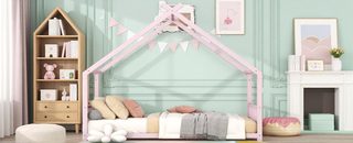 Sunvega Pink Full Size Metal House Bed with Playhouse Roof Design for Kids